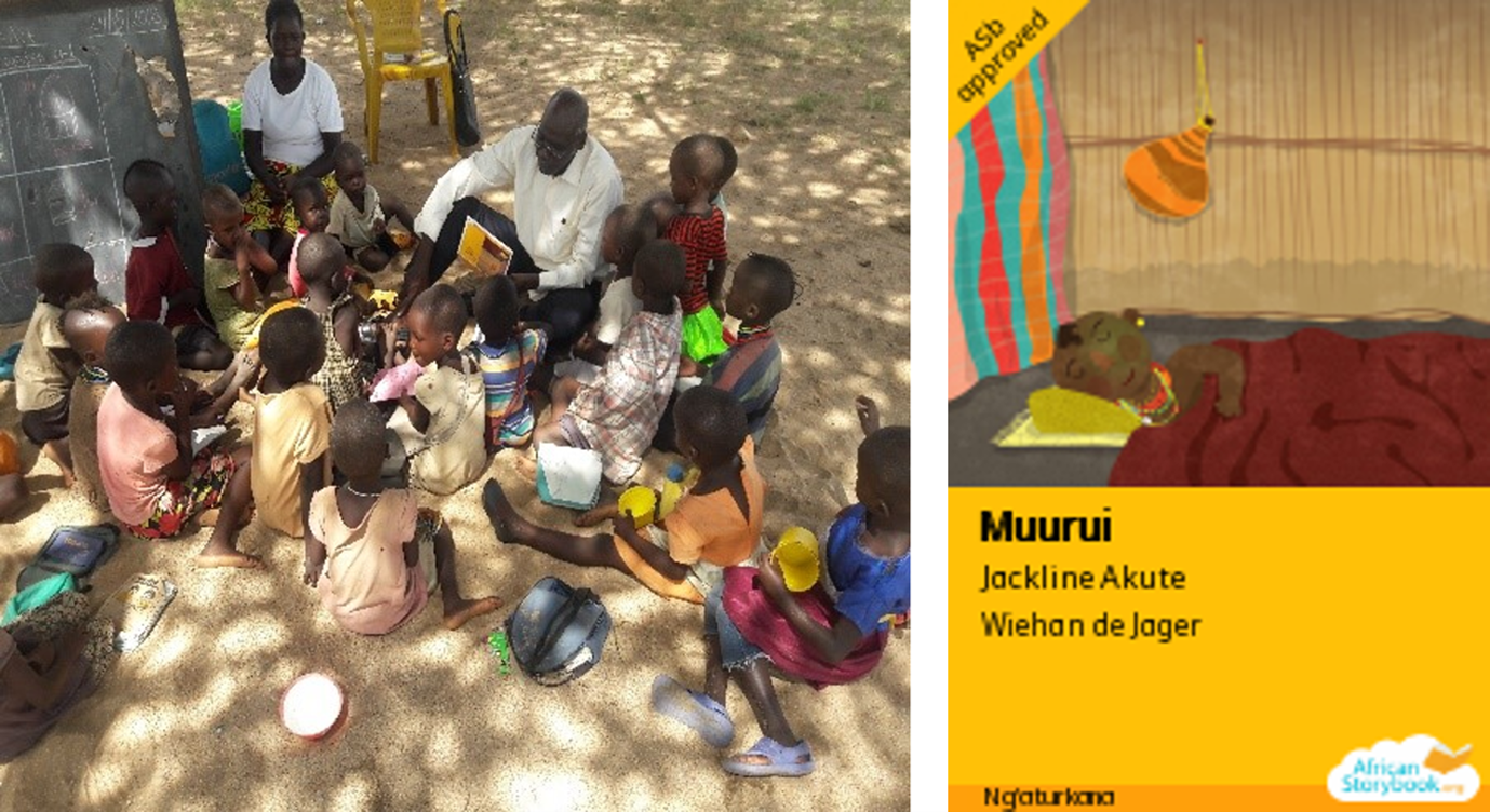 A man wearing a white shirt and holding a yellow book sits on the ground surrounded by a group of young children wearing brightly coloured clothes. The man is telling the children a story. To the left of the man is a women, also sitting on the ground, and wearing a white t-shirt. To the right of the image is another picture depicting the book cover.