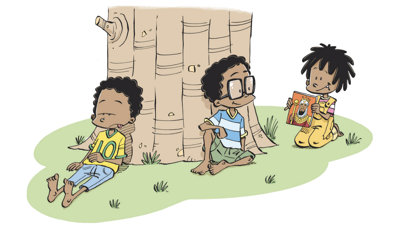 A animated graphic from the Nalibali World Read Aloud day story showing three children sitting under a tree. One child is holding a story book. They are all happy. 