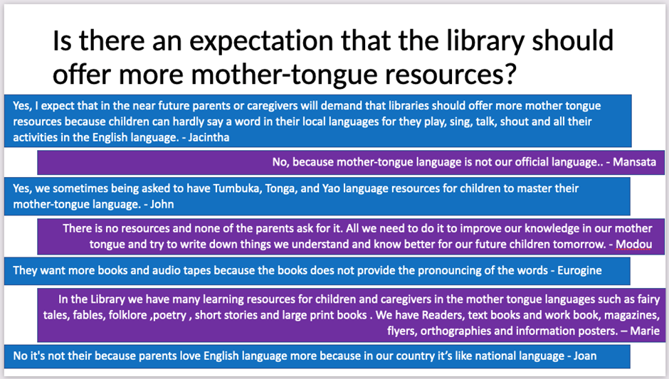 A variety of quotes from participants in response to the question: Is there am expectation that the library should offer more mother-tongue resources?